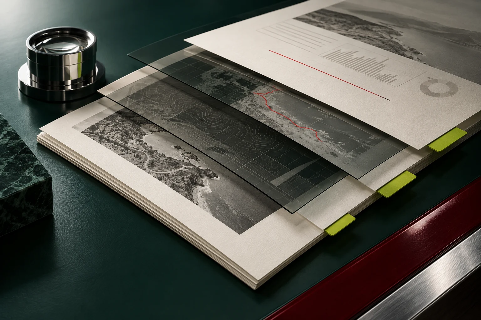 Layered documents, smoked glass, chartreuse tabs, and a chrome magnifier on a dark green table