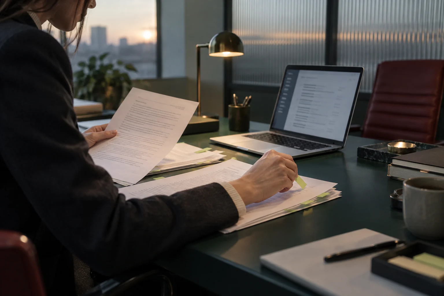 A reviewer comparing printed document versions at a quiet desk beside a laptop